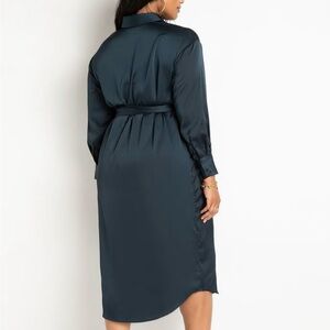 Eloquii Dark Blue/Navy Long Sleeve Mid-Calf Silky Shirt Dress-Size 14